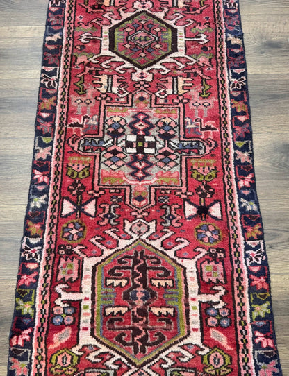 Persian Heriz Karajeh Runner Rug 2x9, Geometric Medallions, Red Navy Blue, 2 x 9 Rug for Hallway
