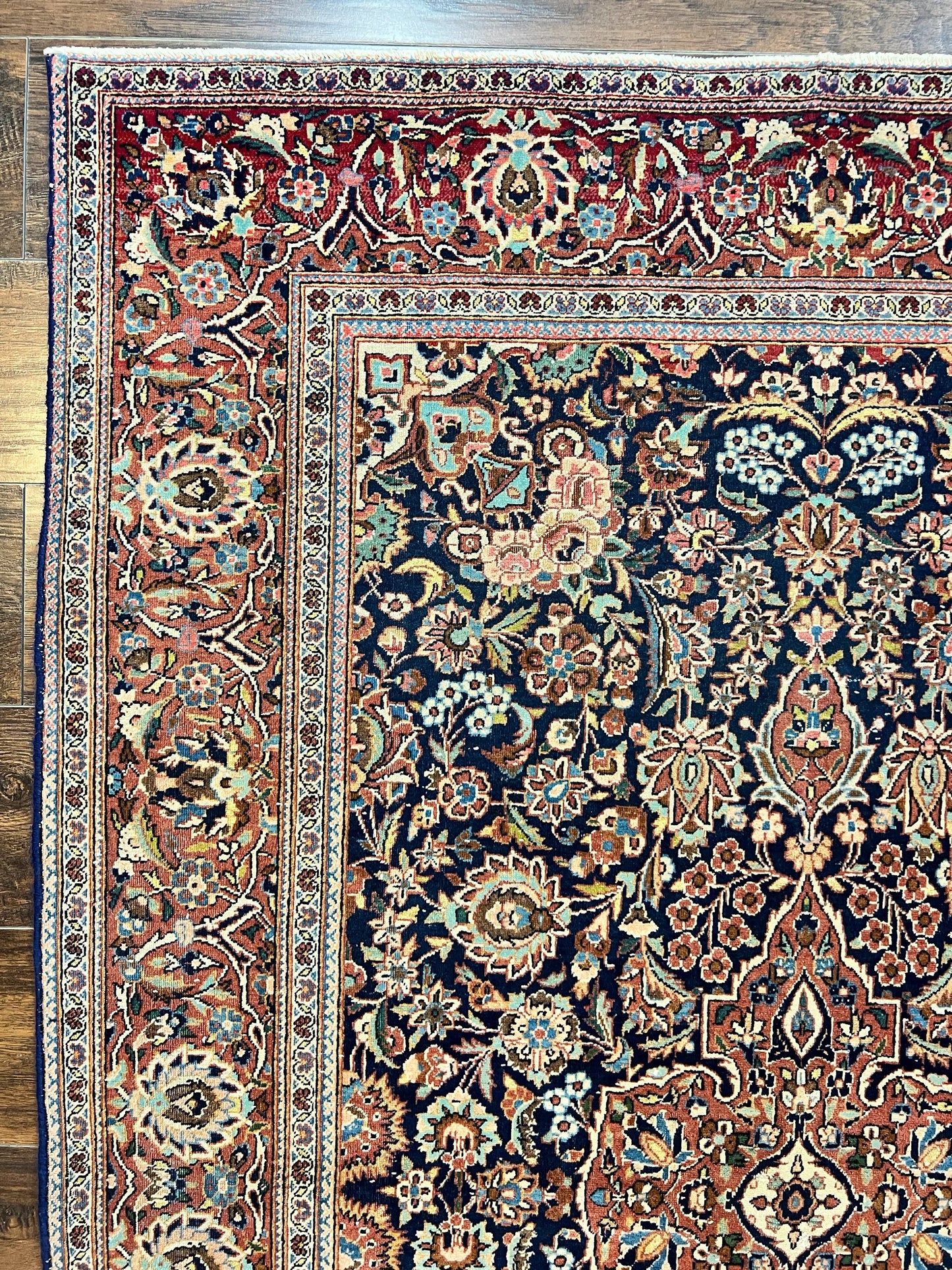 Persian Kashan Rug 4x7, Floral Medallion Vintage Handmade Hand Knotted Navy Blue & Red Wool Oriental Carpet, Highly Detailed Semi Antique Rug