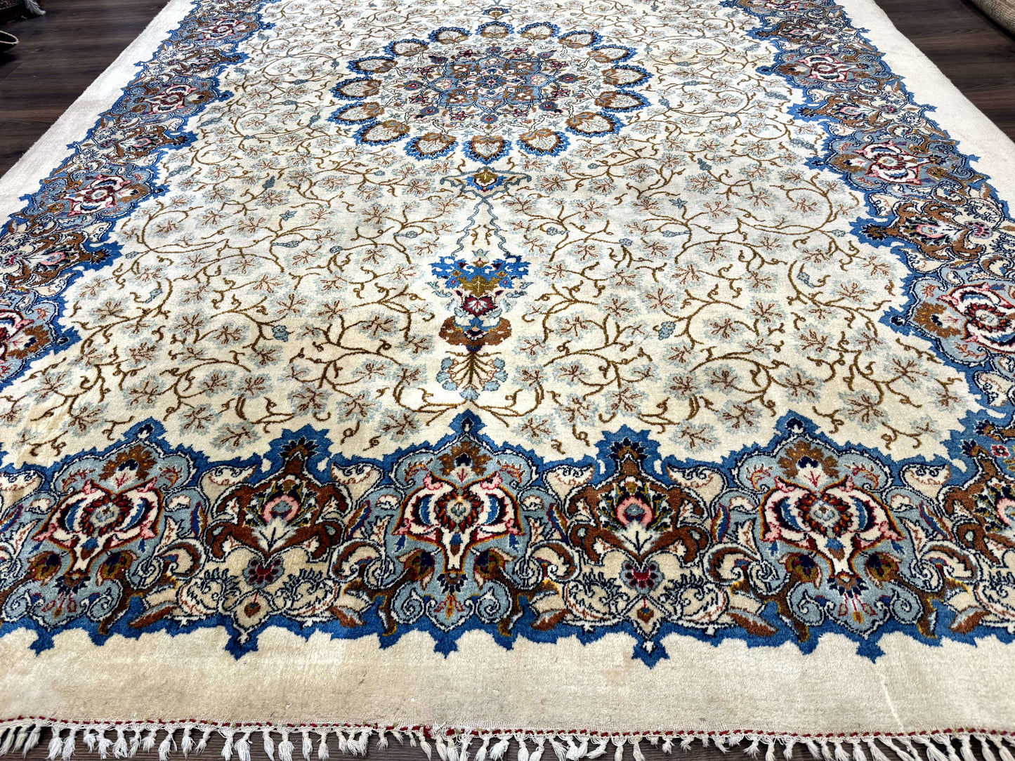 Persian Kashan Rug Hand Knotted Wool 9 X 12.6 Ivory And Blue Floral Medallion Semi Antique Carpet