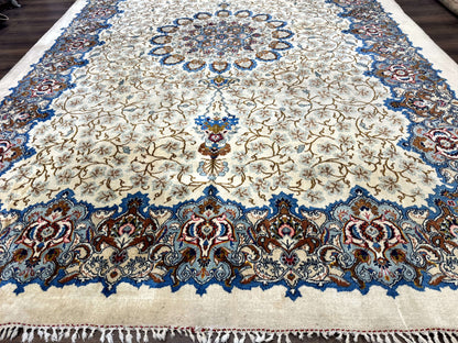 Persian Kashan Rug Hand Knotted Wool 9 X 12.6 Ivory And Blue Floral Medallion Semi Antique Carpet