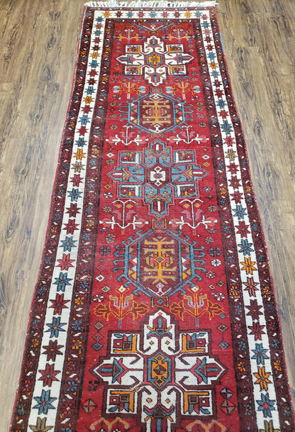 Antique Persian Heriz Karajeh Runner Rug, Red, Hand-Knotted, Wool, 3' 3" x 10' 11"