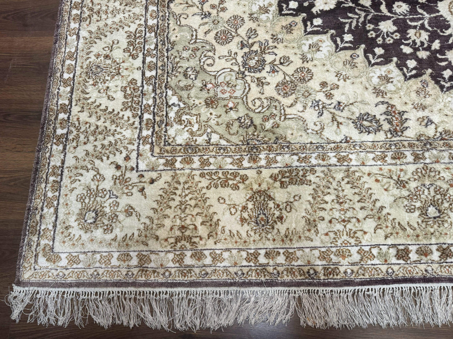 Indian Kashmiri Silk Rug 10x14, Floral Medallion