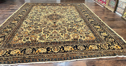 Antique Persian Rug Wool 9x11 Hand Knotted 1920s Hamadan Anjelas Floral Cream Black