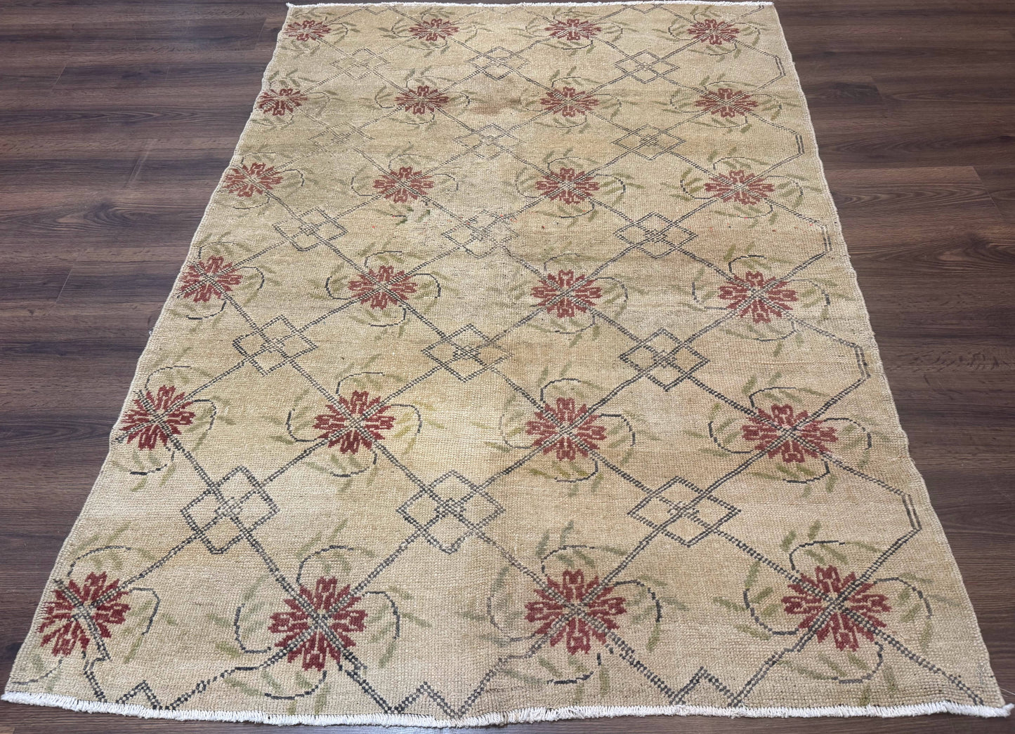 Turkish Rug 5x6 Oushak Carpet Beige Hand Knotted Wool Area Rug