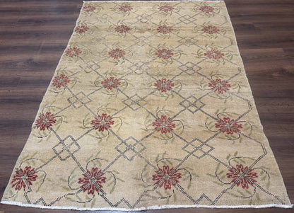 Turkish Rug 5x6 Oushak Carpet Beige Hand Knotted Wool Area Rug