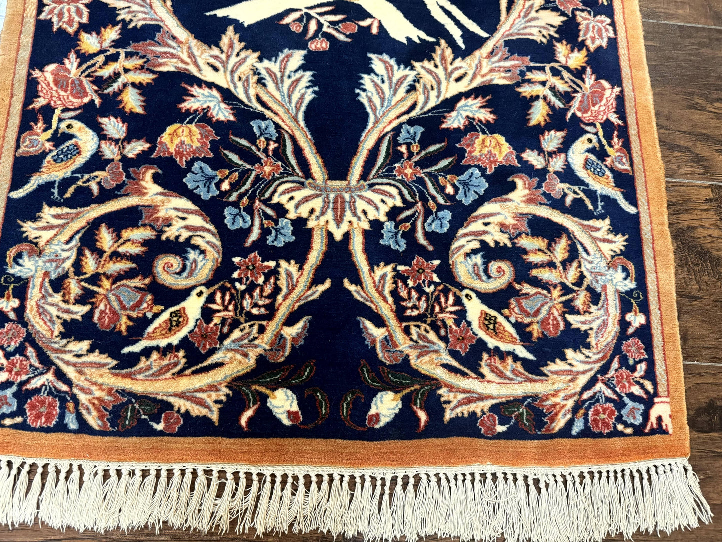 Persian Isfahan Rug 2x4, Birds, Navy Blue, Kork Wool on Silk Foundation, 460 KPSI