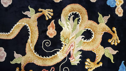 Antique Chinese Art Deco Rug 6x9 Hand Knotted Wool Dragon Black