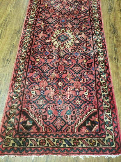 Persian Hamadan Runner Rug 2ft 8in X 13ft 9in Vintage Handmade Wool Red