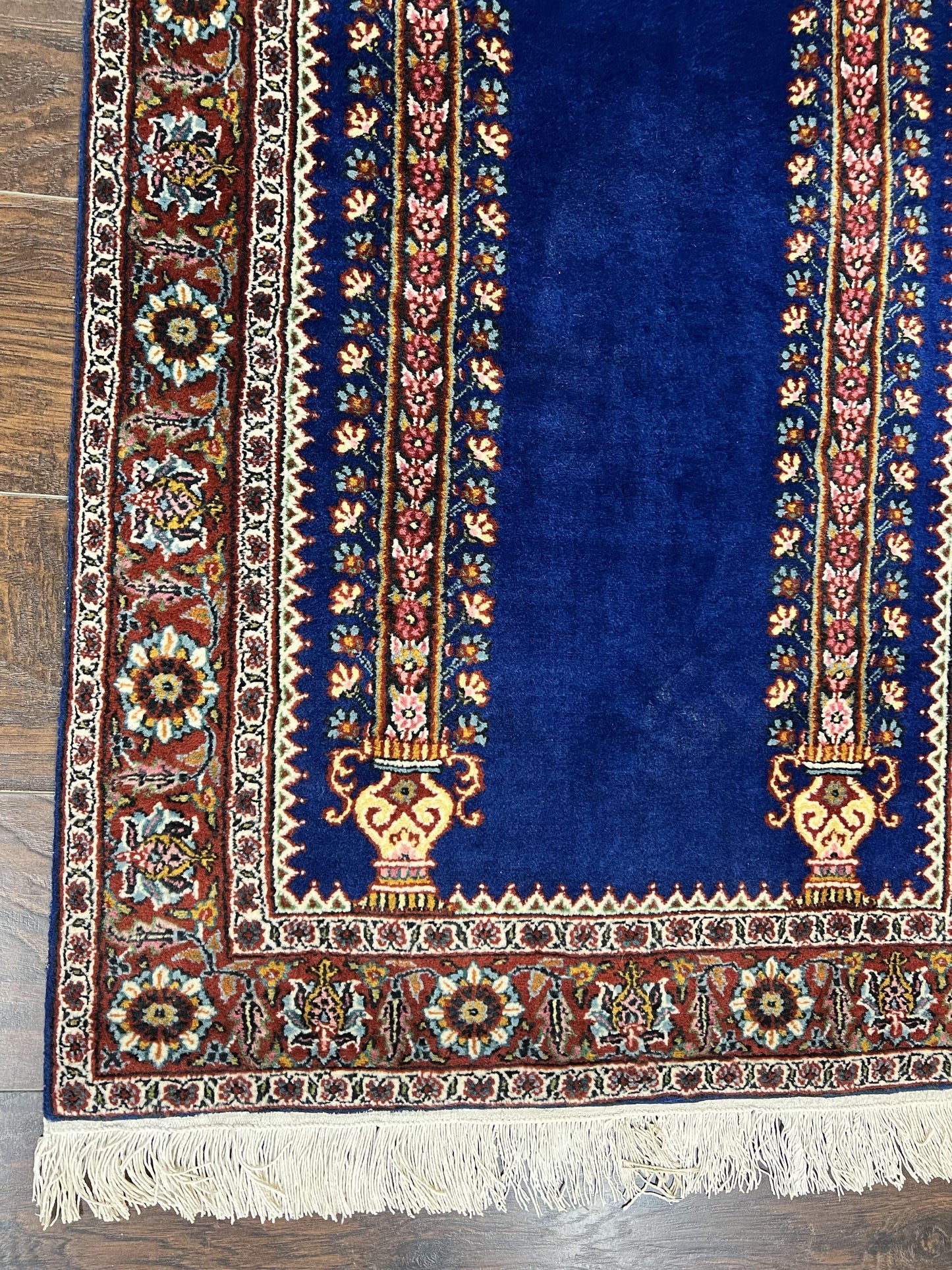 Indo Persian Prayer Rug 3x5 Vintage Hand Knotted Handmade Wool Dark Blue And Red Oriental Carpet
