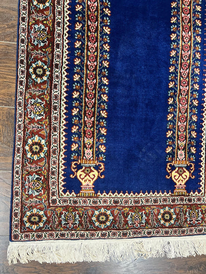 Indo Persian Prayer Rug 3x5 Vintage Hand Knotted Handmade Wool Dark Blue And Red Oriental Carpet