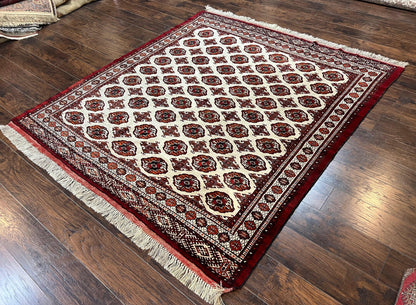 Persian Turkoman Rug Yamud 7x8 Hand Knotted Cream Red Bohemian Tribal Carpet