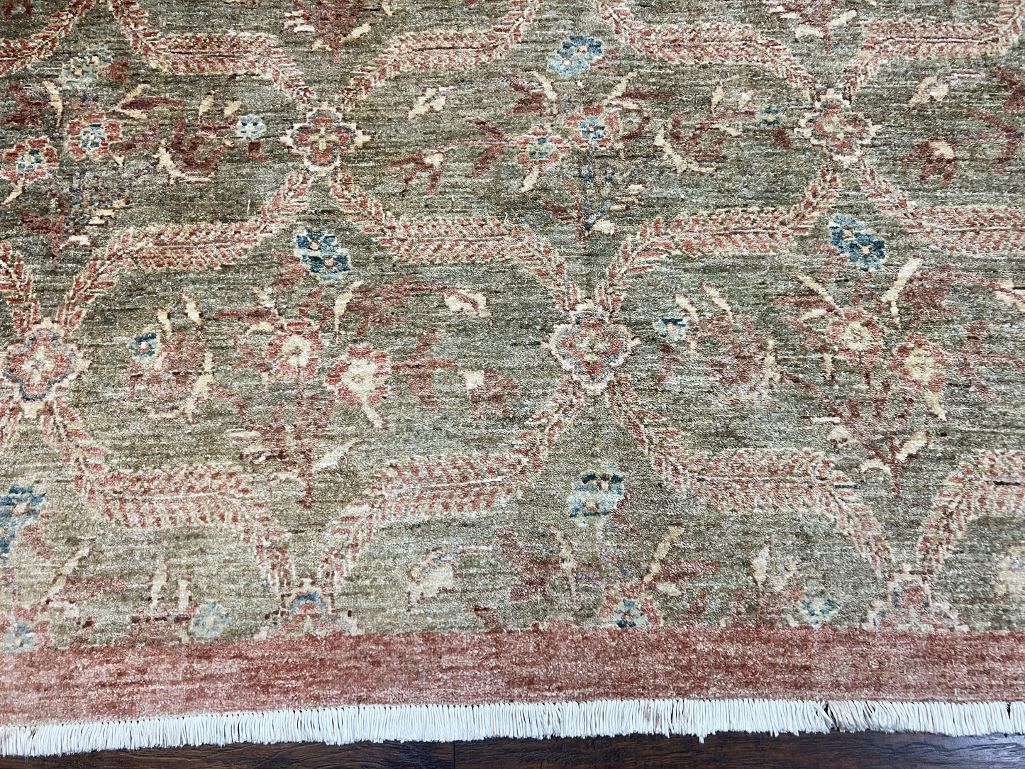 Large Modern Pakistani Rug 9x12, Handmade Wool Carpet, Peshawar Rug, Hand Knotted Oriental Rug, Contemporary, Floral, Light Green