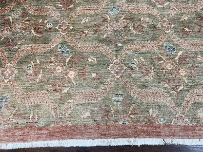 Large Modern Pakistani Rug 9x12, Handmade Wool Carpet, Peshawar Rug, Hand Knotted Oriental Rug, Contemporary, Floral, Light Green