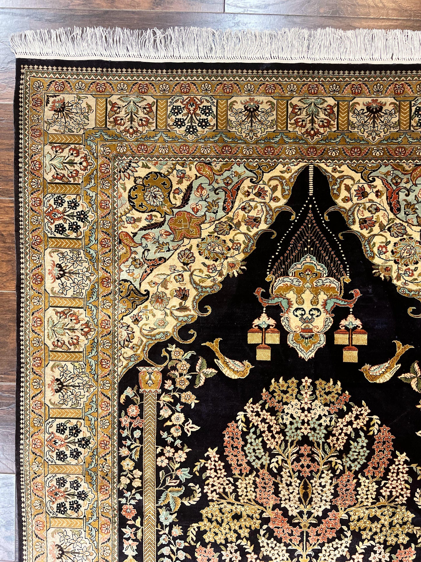 Luxury Sino Persian Silk Rug 4x6 Tree of Life Design Birds Hand Knotted Silk on Silk