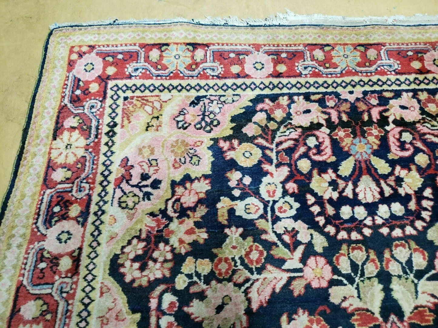 Antique Handmade India Floral Oriental Wool Rug 4x6 Full Pile Blue