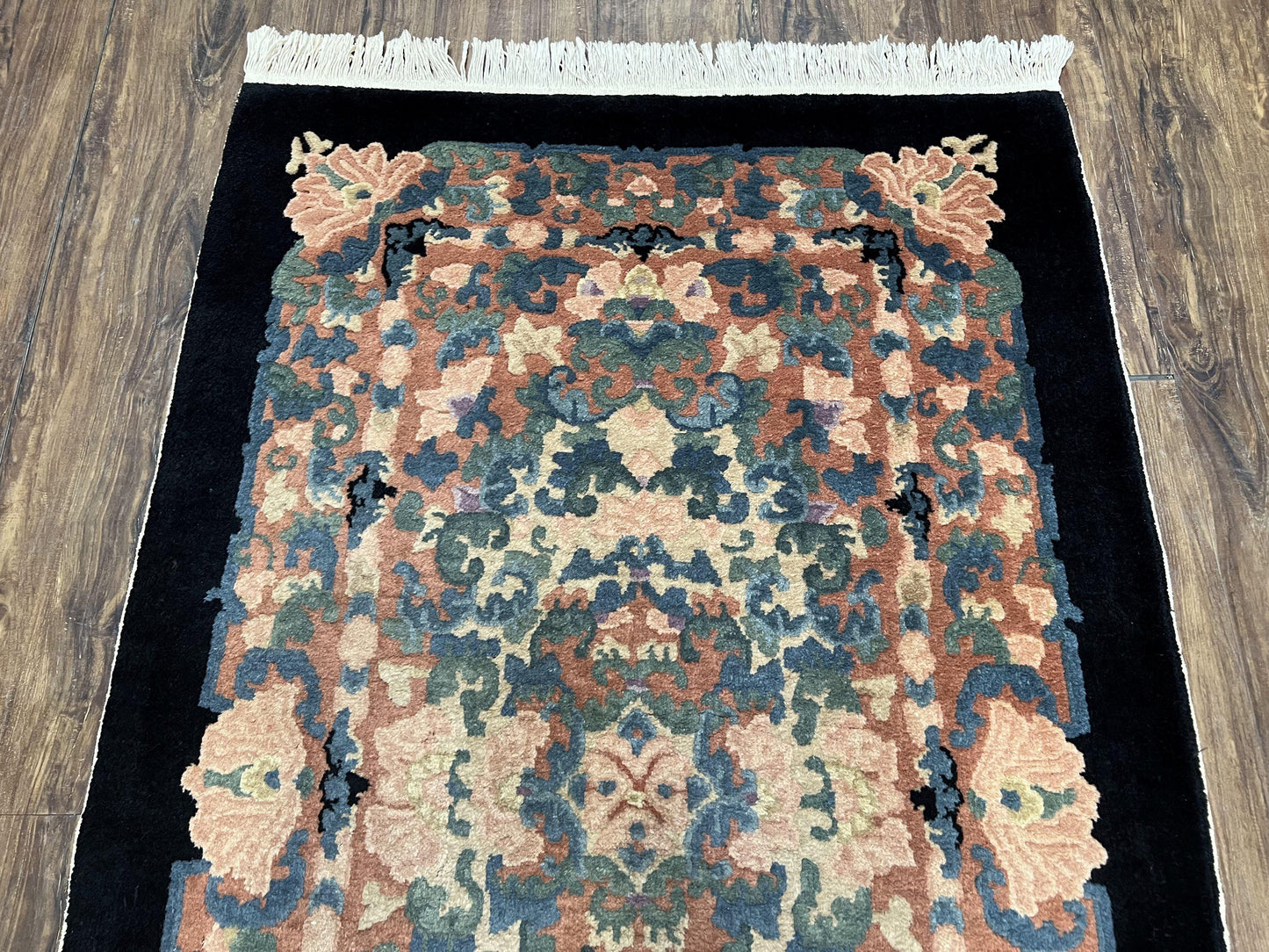 Art Deco Rug Chinese Handmade Wool 3x5 Vintage Floral Black Beige Carpet