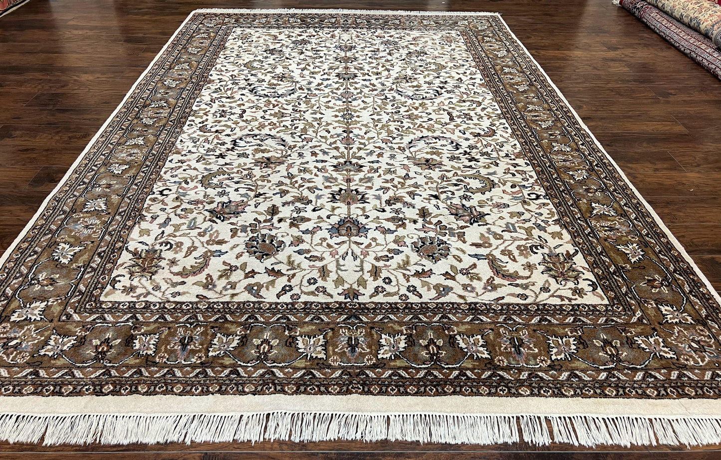 Indo Kirman Rug 8x12 Allover Floral Design, Ivory/Cream Brown, Vintage Handmade Hand Knotted Rug, Traditional Wool Persian Carpet 8 x 12