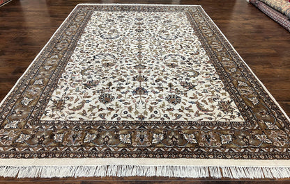 Indo Kirman Rug 8x12 Allover Floral Design, Ivory/Cream Brown, Vintage Handmade Hand Knotted Rug, Traditional Wool Persian Carpet 8 x 12