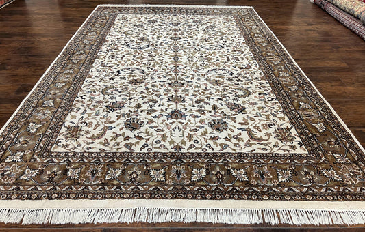 Indo Kirman Rug 8x12 Allover Floral Design, Ivory/Cream Brown, Vintage Handmade Hand Knotted Rug, Traditional Wool Persian Carpet 8 x 12
