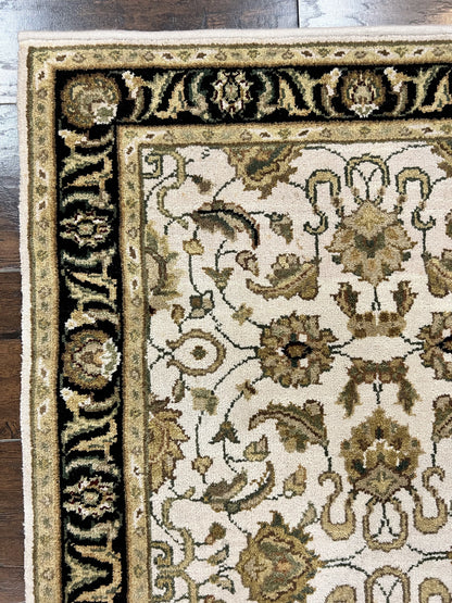 Small Indo Mahal Rug Hand Knotted Wool Vintage Oriental Carpet Beige Tan Black