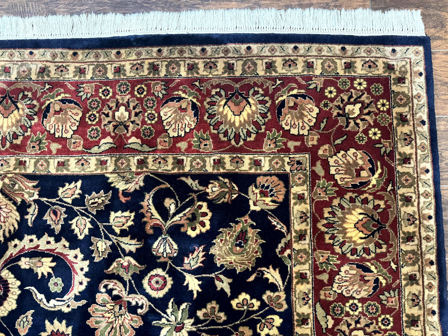 Indo Persian Rug 8x10, Navy Blue and Red, Floral Allover, Hand Knotted Vintage Wool Carpet, Indo Sarouk