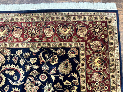 Indo Persian Rug 8x10, Navy Blue and Red, Floral Allover, Hand Knotted Vintage Wool Carpet, Indo Sarouk