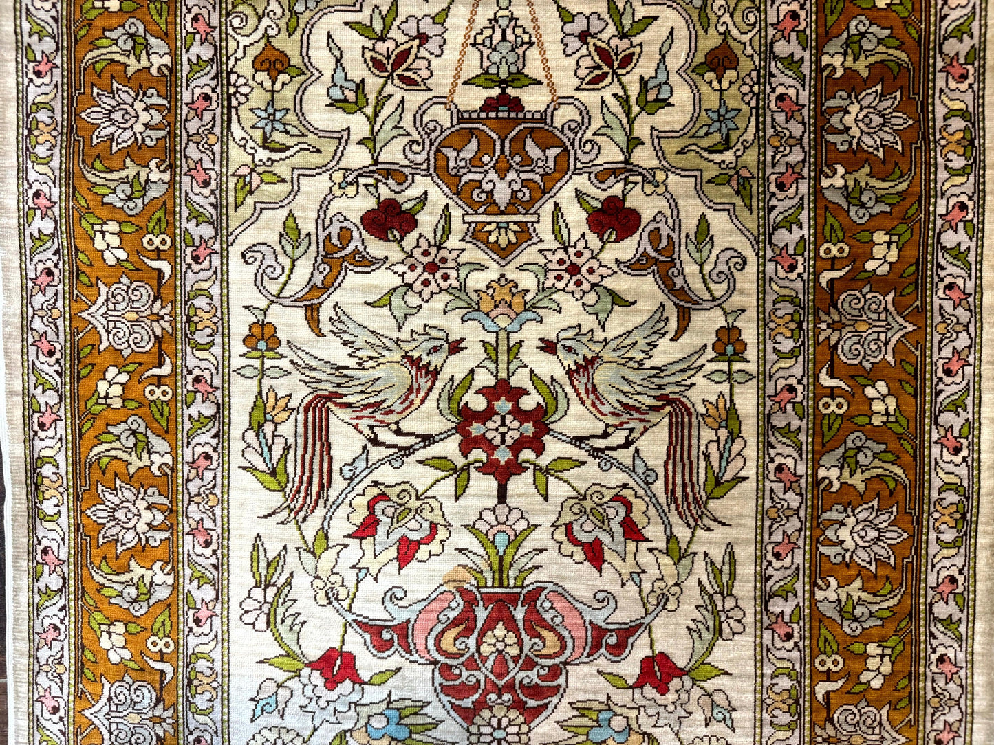 Hereke Silk Rug 2x3 Birds Lantern Very Fine 400 KPSI Hand Knotted Signed Masterweaver