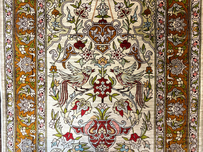 Hereke Silk Rug 2x3 Birds Lantern Very Fine 400 KPSI Hand Knotted Signed Masterweaver