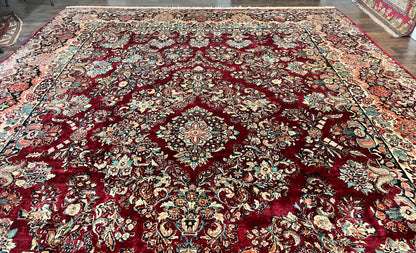 Persian Sarouk Rug 12x17, Wool Hand Knotted Antique Carpet, Dark Red, Traditional Floral Oriental Rug, 12 x 17 Extra Large Handmade Rug