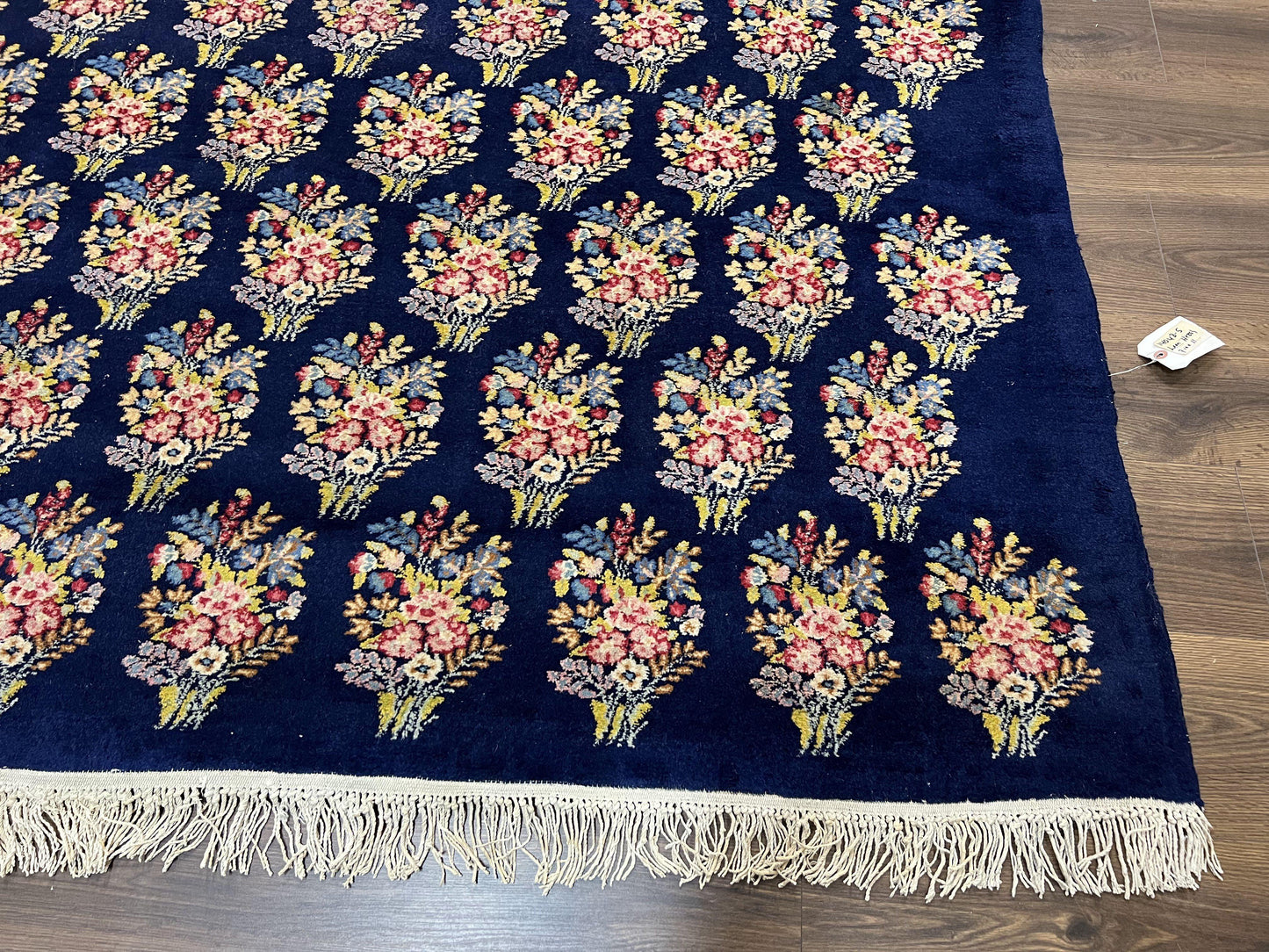 Persian Rug 9x12, Authentic Hand Knotted Carpet, Repeated Floral Motif Garden of Eden, Navy Blue Wool Rug 9 x 12, Semi Antique Kirman Rug