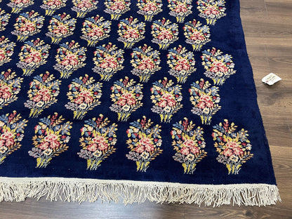 Persian Rug 9x12, Authentic Hand Knotted Carpet, Repeated Floral Motif Garden of Eden, Navy Blue Wool Rug 9 x 12, Semi Antique Kirman Rug