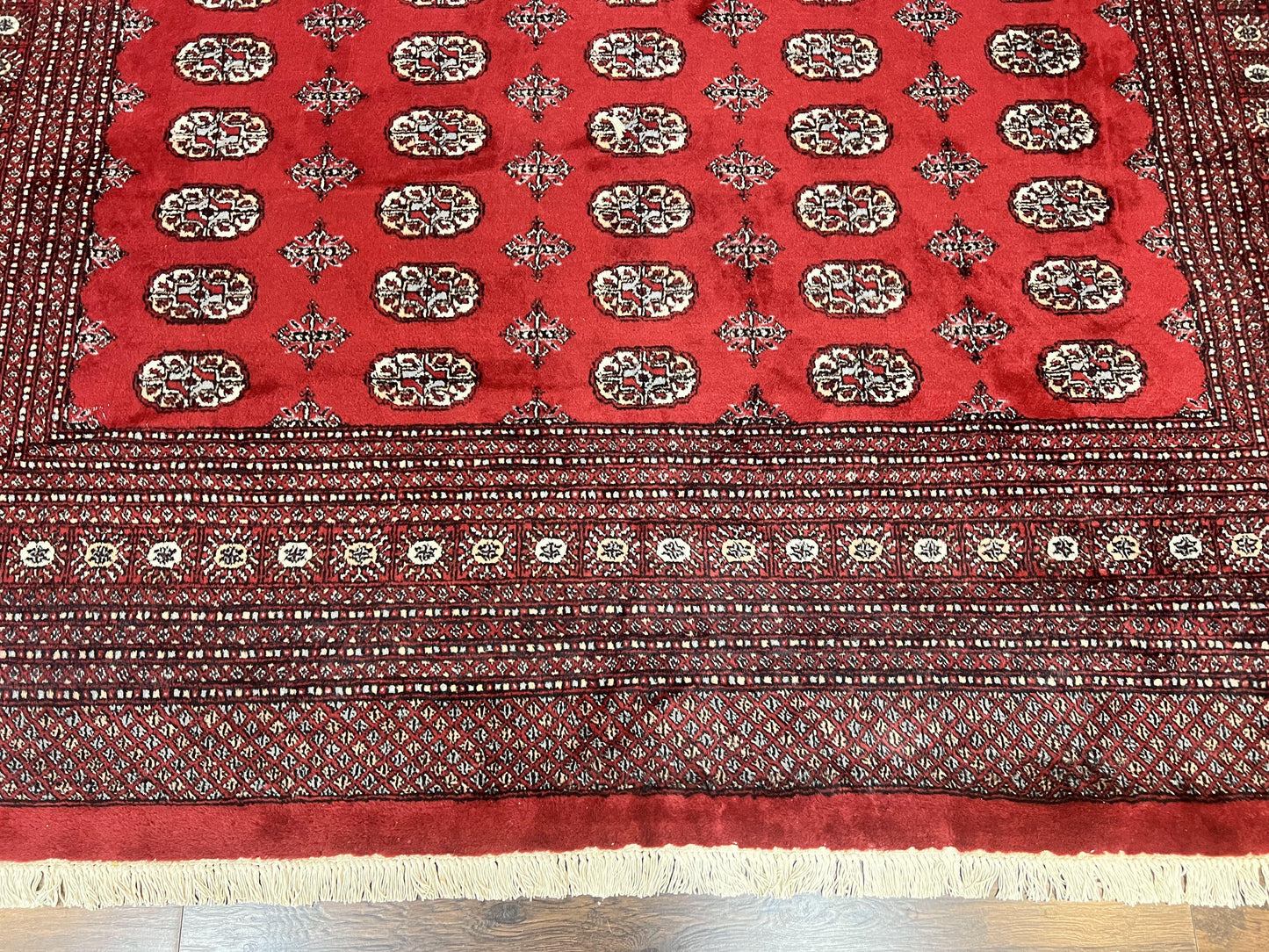 Turkoman Rug 8 x 11.6 Red Bokhara Pakistani Wool Handmade Vintage Carpet