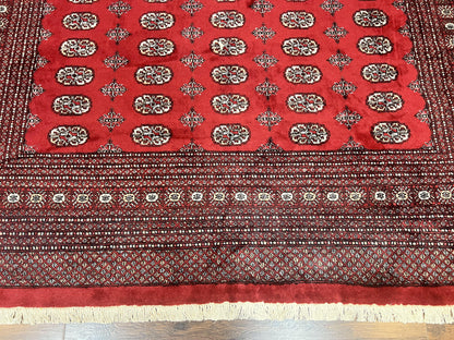 Turkoman Rug 8 x 11.6 Red Bokhara Pakistani Wool Handmade Vintage Carpet
