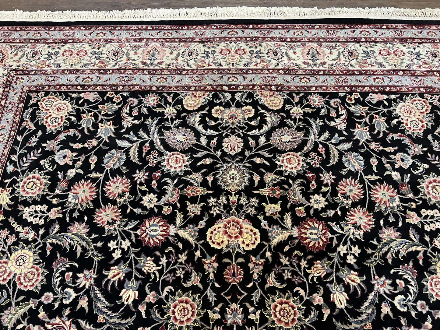 Hand Knotted Persian Rug 9x12 Wool Silk Highlights Vintage Black Cream