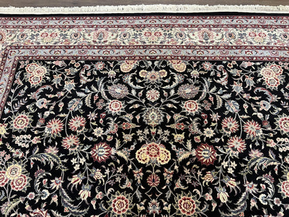 Hand Knotted Persian Rug 9x12 Wool Silk Highlights Vintage Black Cream