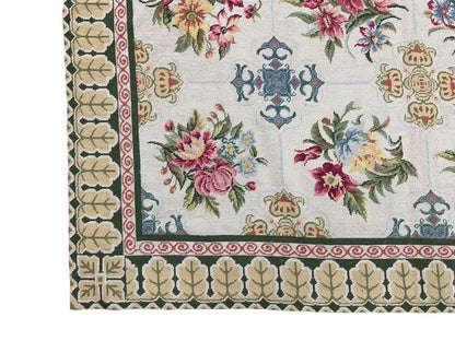 Hand-Knotted Needlepoint Carpet 6x9, Ivory/Cream Background, Colorful Flowers, Yellow Border, Aubusson Rug 6 x 9, New, Handmade