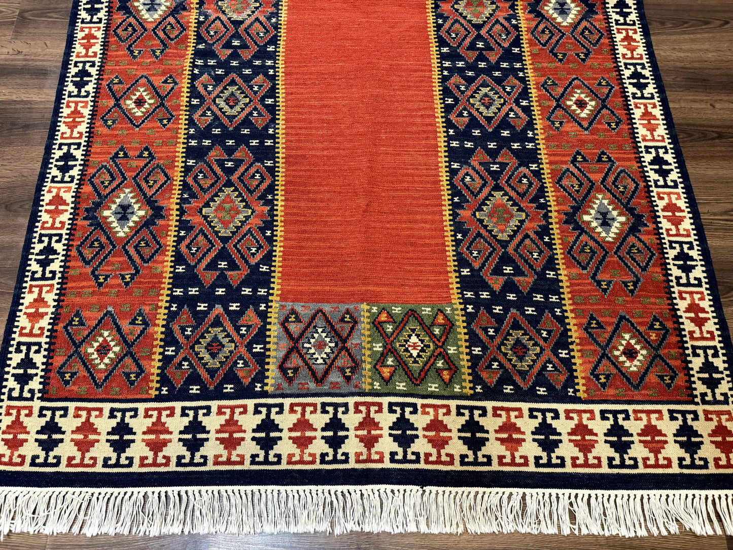 Turkish Kilim Rug 5x8 Handmade Flatweave Bohemian Carpet Terracotta Navy