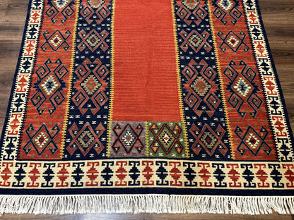 Turkish Kilim Rug 5x8 Handmade Flatweave Bohemian Carpet Terracotta Navy