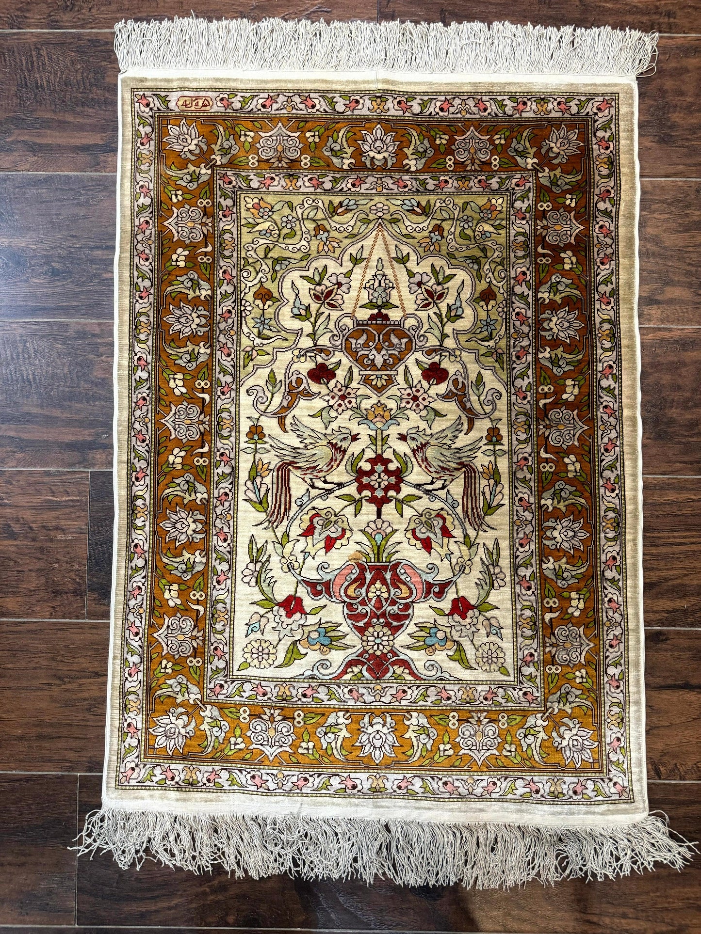 Hereke Silk Rug 2x3 Birds Lantern Very Fine 400 KPSI Hand Knotted Signed Masterweaver