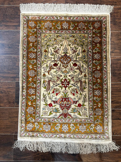 Hereke Silk Rug 2x3 Birds Lantern Very Fine 400 KPSI Hand Knotted Signed Masterweaver