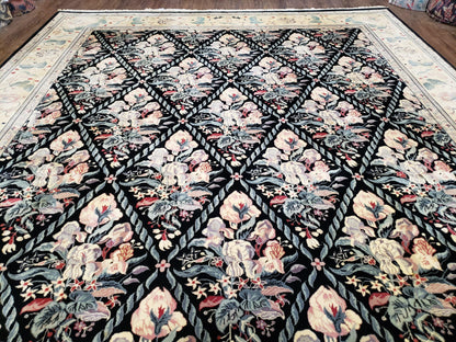 Black Kirman Rug, 8x11 - 9x12 Rug, Sino-Persian Rug, Floral Oriental Carpet, Handmade Rug, Black and Ivory Rug, Room Sized Area Rug, Wool