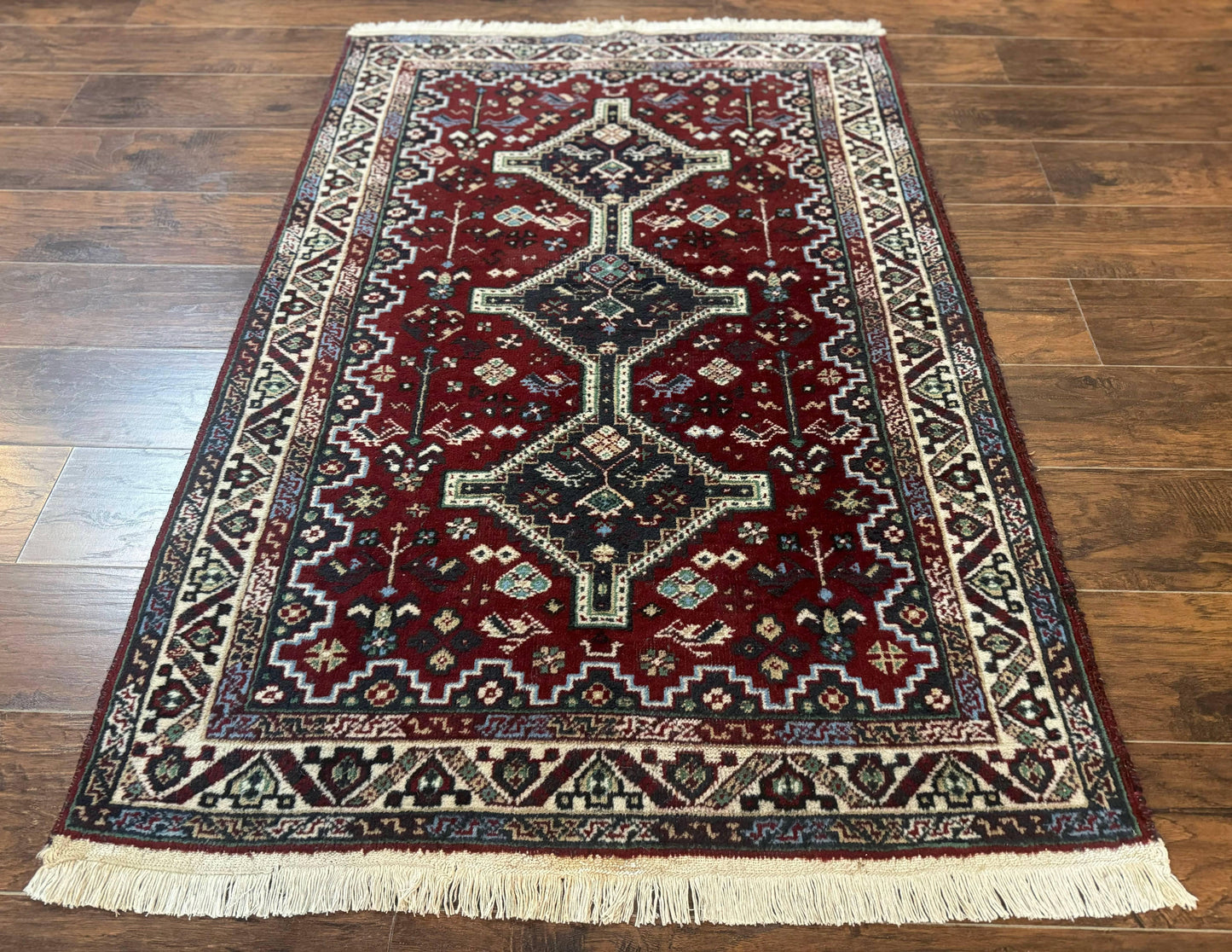 Persian Afshar Rug 4x5 Red Navy Geometric Tribal Wool Carpet