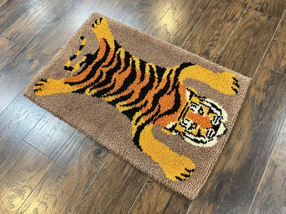 Small Hooked Rug 2x3, Tibetan Tiger Design, Wool, Unique Hooked Rug, Vintage