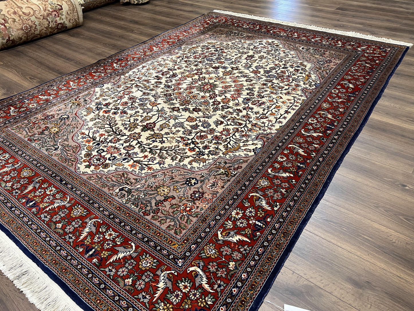 Sino Persian Rug Hand Knotted 7x10 Circle Of Life Tree Of Life Birds Cream Red Navy Blue Taupe Wool Silk Accents Vintage