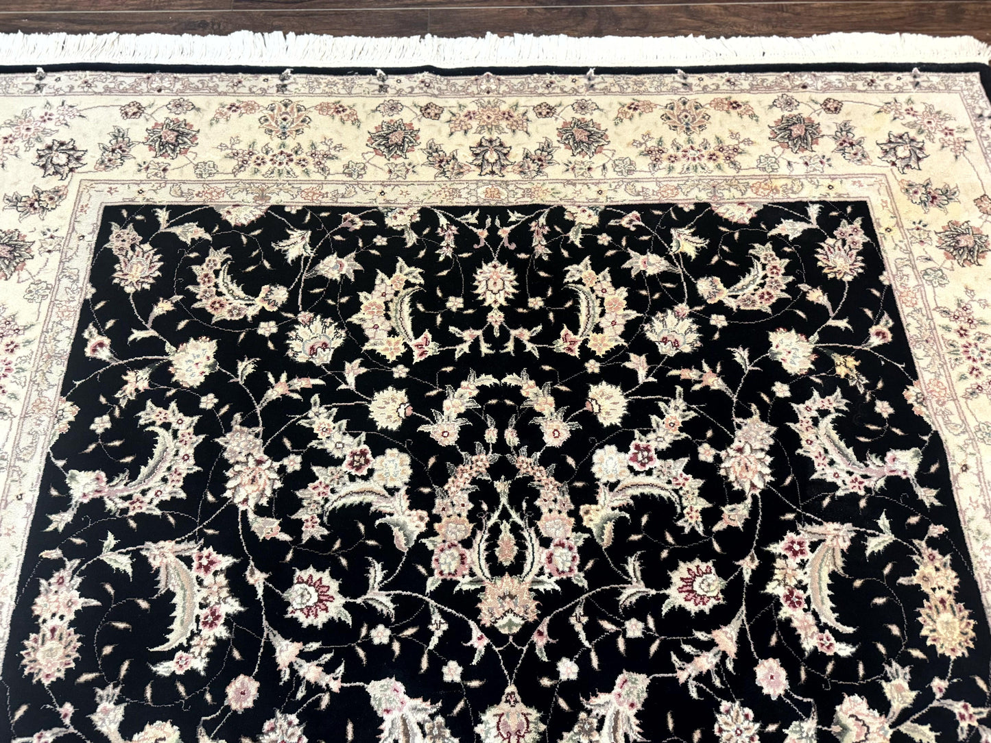 Sino Persian Rug 6x9, Black and Ivory, Wool and Silk Highlights, Handmade