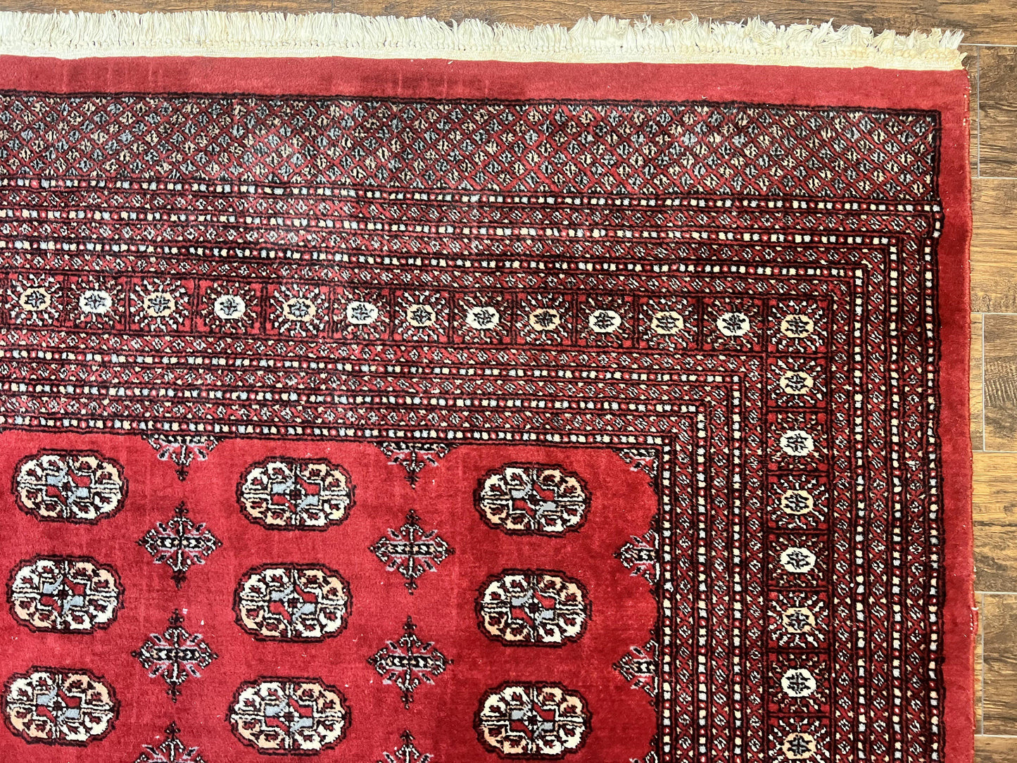 Turkoman Rug 8 x 11.6 Red Bokhara Pakistani Wool Handmade Vintage Carpet