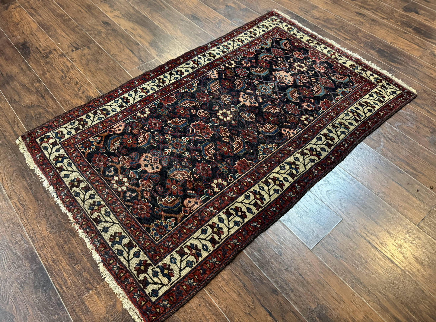 Antique Persian Rug Hamadan 3x6 Navy Blue Ivory Handmade Wool Carpet