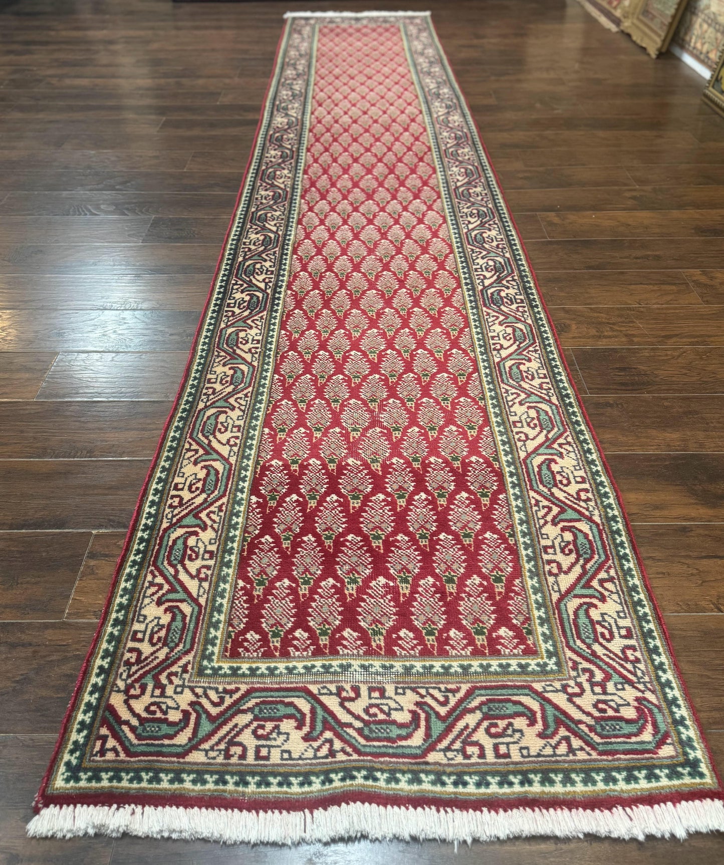 Persian Tabriz Runner Rug 3x16, Paisley Boteh Design, Red and Cream, Rug for Hallway, 16ft Wool Runner