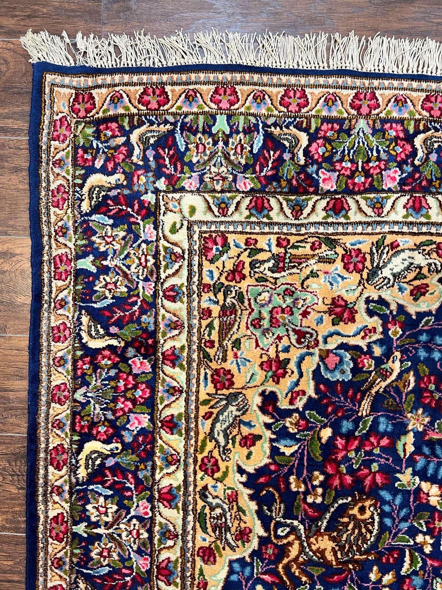 Persian Kirman Rug 6x9, Floral Medallion Vintage Wool Handmade Carpet 6 x 9, Animal Pictorials Birds, Semi Antique, Navy Blue, Millefleur