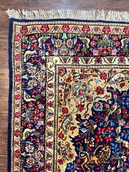 Persian Kirman Rug 6x9, Floral Medallion Vintage Wool Handmade Carpet 6 x 9, Animal Pictorials Birds, Semi Antique, Navy Blue, Millefleur